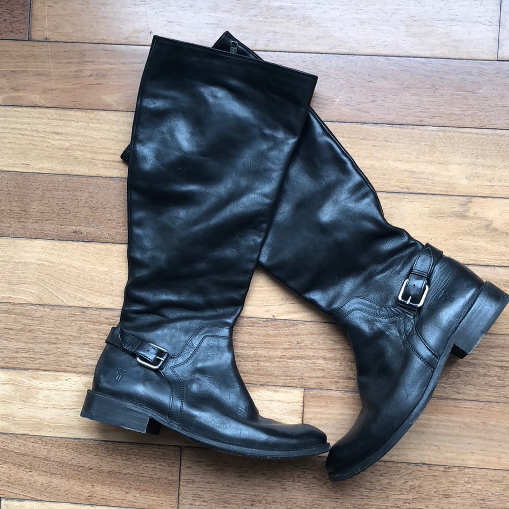 Frye 8.5 black leather boots Shirley shield tall